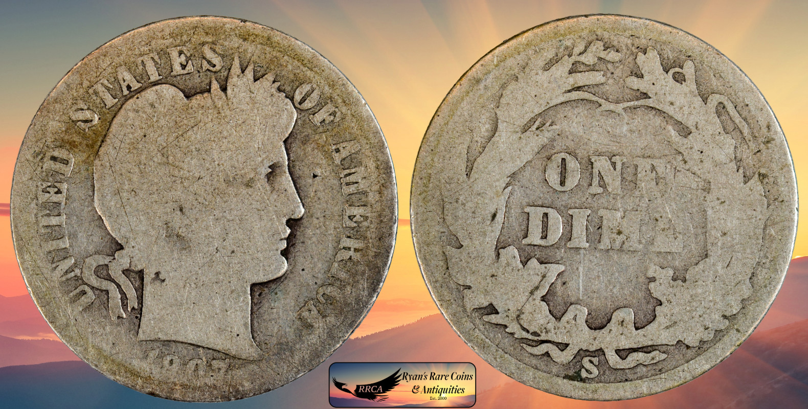 1907 S Barber Dime, About Good Condition, Silver, Ryan's Rare Coins, C8756