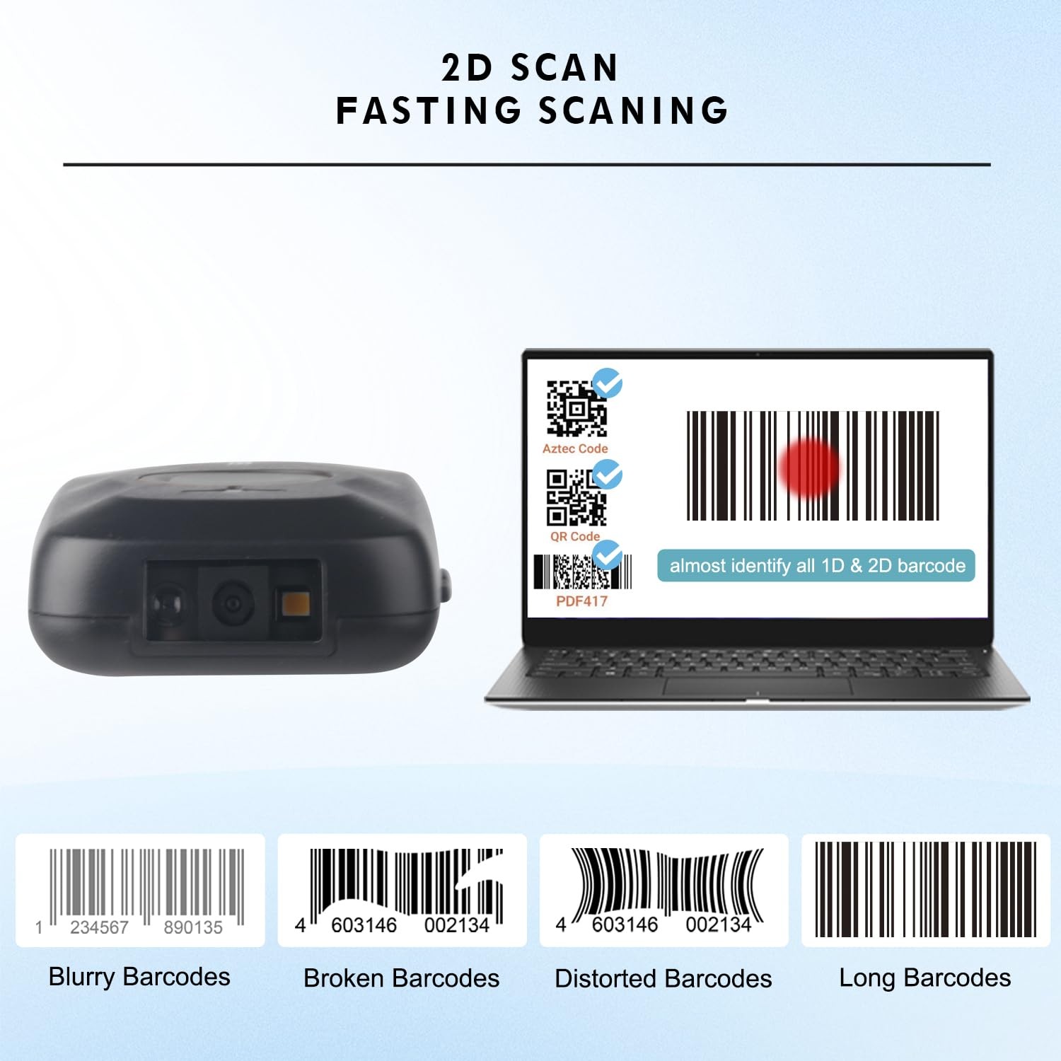 Portable 2D Bluetooth Barcode Scanner, 1500mAh Rechargeable Battery with Leve...