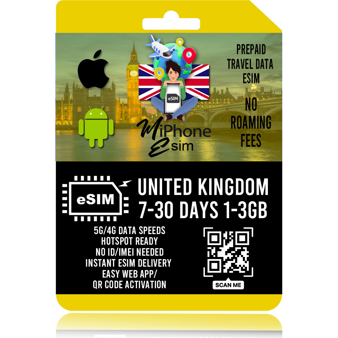 United Kingdom UK eSIM Prepaid 1-3GB  7-30 days  5G Network QR Activation
