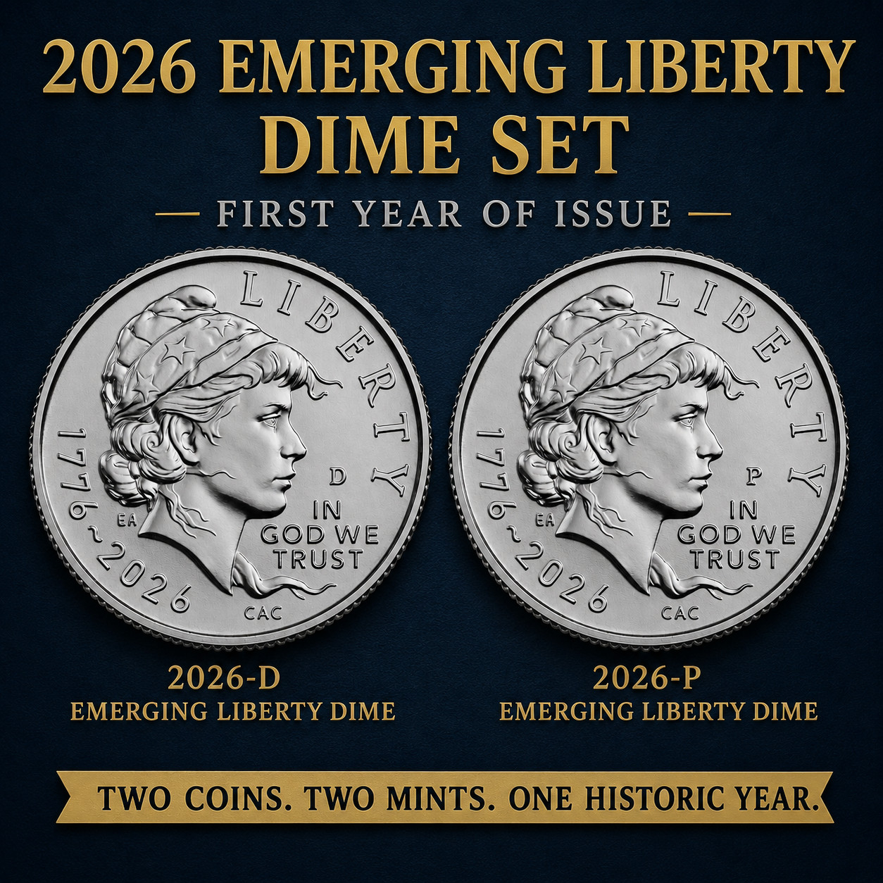 ✨2-Coins✨🇺🇸 2026 P&D 10C Emerging Liberty Dimes Uncirculated Set SemiQ 250 BU!