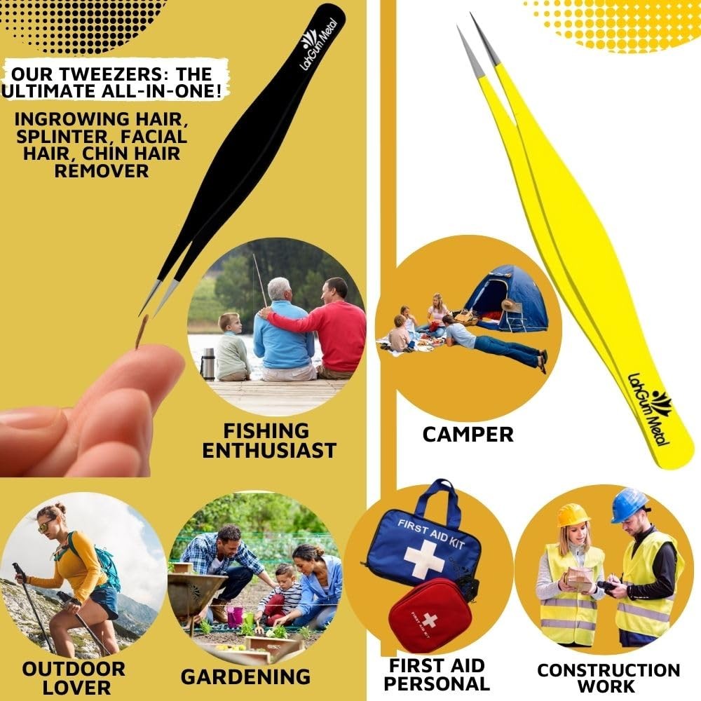 Super Sharp Pointed Tweezers Precision Fine Point Tip Ingrown Yellow & Black
