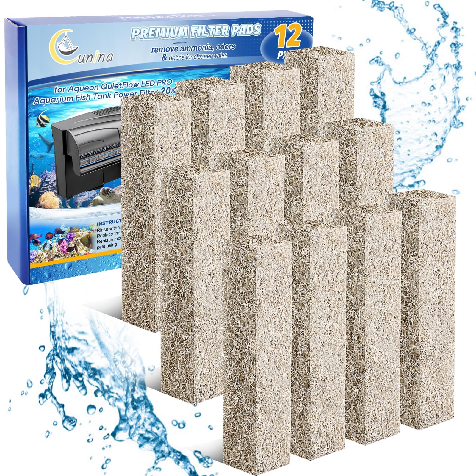 12PCS Ammonia Reducer Filter Pads Compatible with Aqueon Quietflow 20 & 75,...