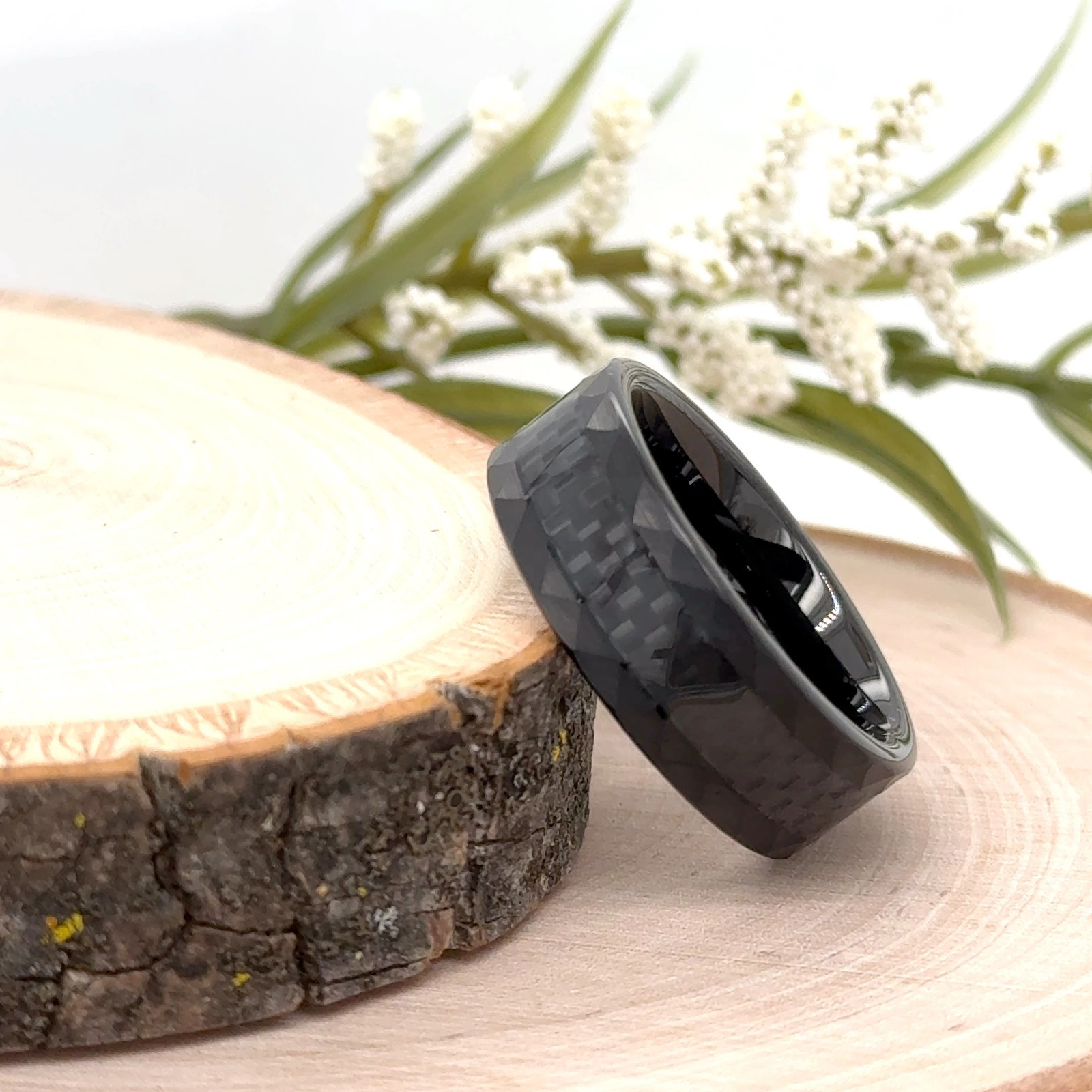 8mm Tungsten Carbide Modern Ring Black Carbon Fiber &  Faceted Inlay Unisex Band
