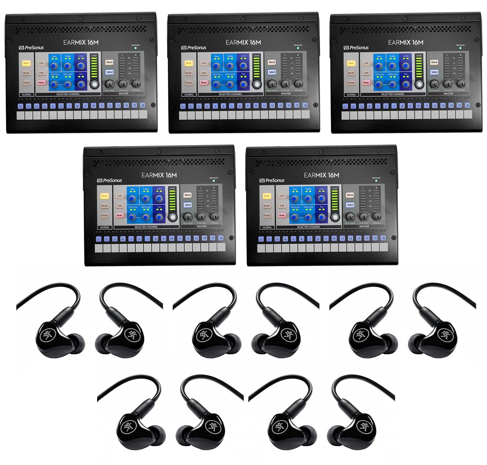 5 PRESONUS EarMix 16M 16x2 16-Ch. AVB In-Ear Monitor Mixers+Mackie Pro Monitors