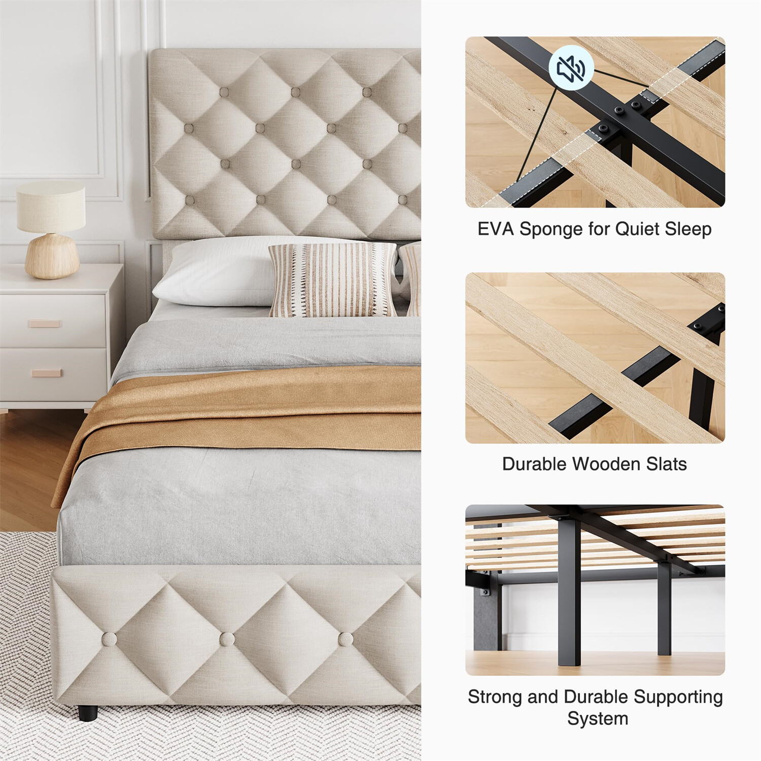 QUEEN Size Bed Frame with 4 Storage Drawers and Headboard Upholstered Platform