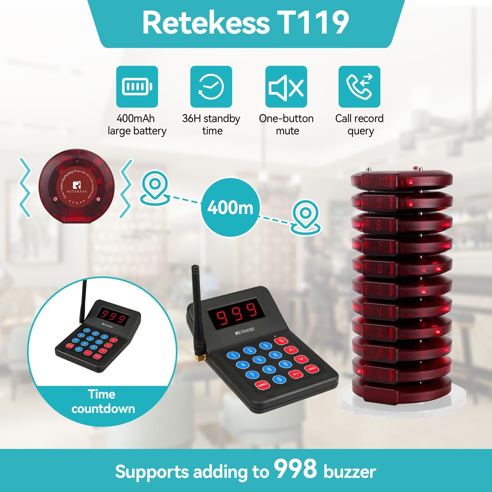 Retekess T119 Restaurant Pager System Guest Queuing 10 Buzzers Food Truck Club