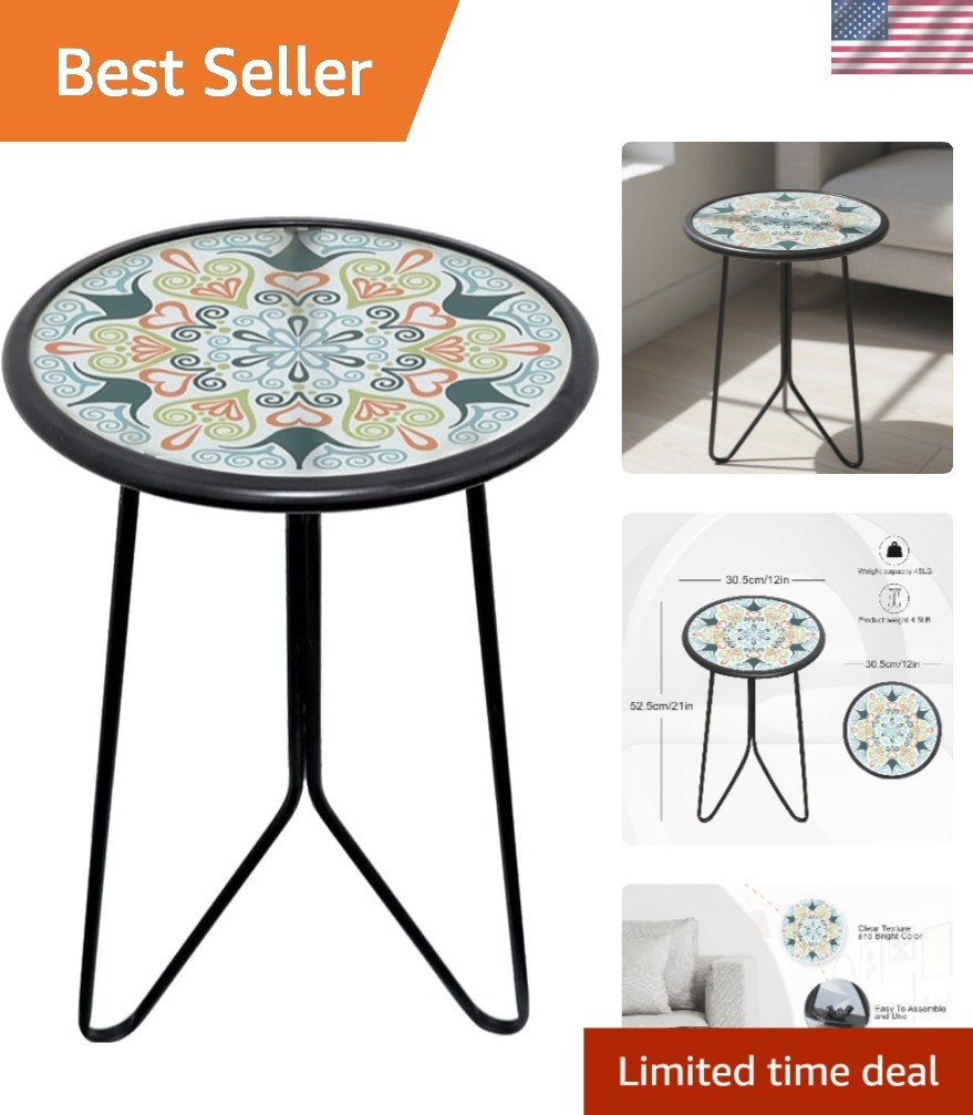 Patio Side Table, 12" Outdoor Metal Side Table with Glass Top, Indoor Round A...