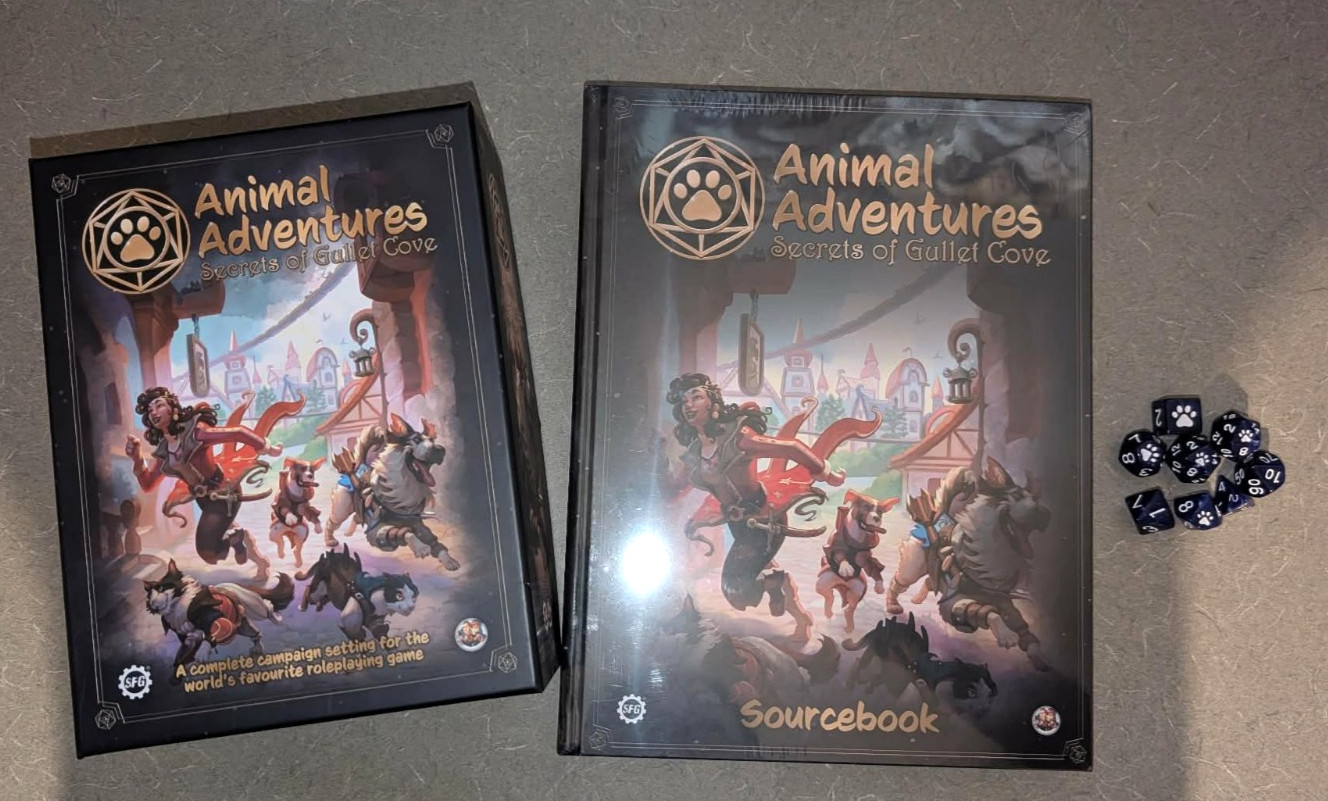 Animal Adventures Secrets of Gullet Cove campaign, maps, minis, dice cats & dogs