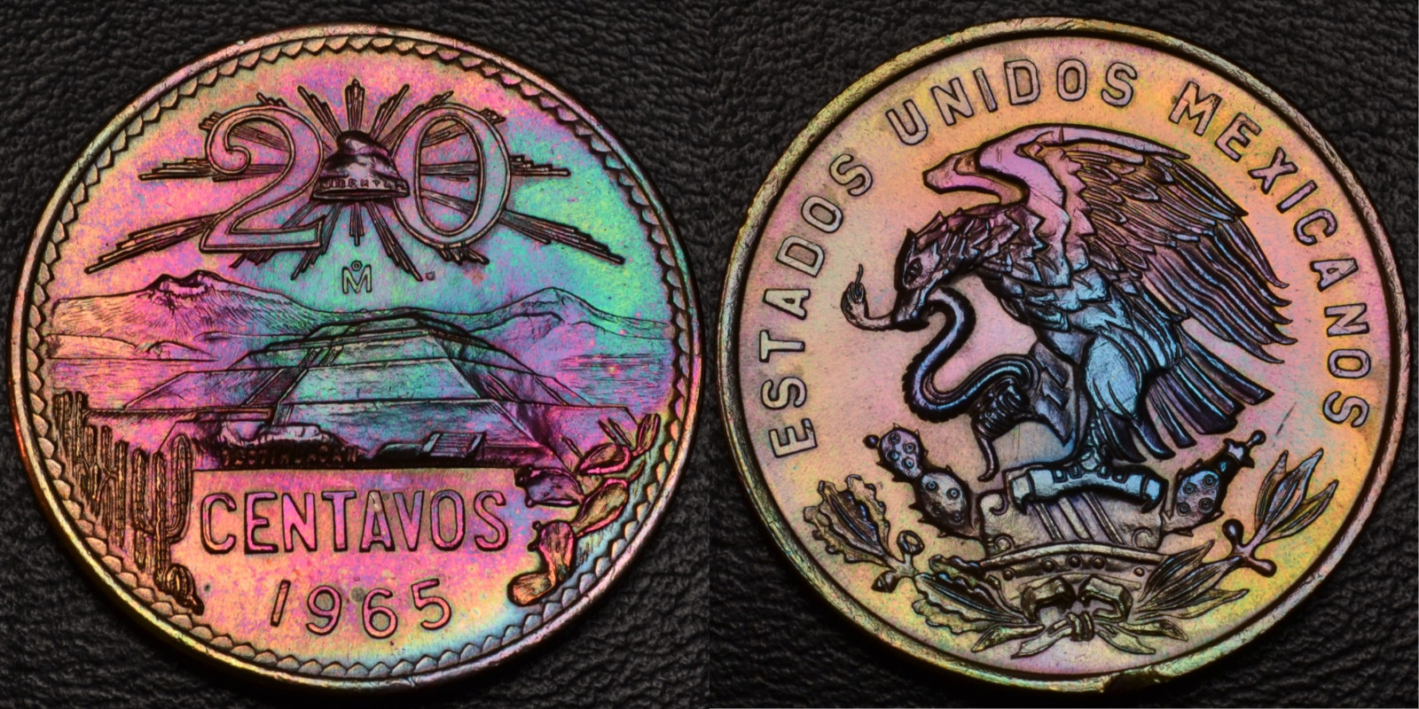 1965 Mexico 20 Centavos GORGEOUS RAINBOW TONING OBV & REV (L50-45)
