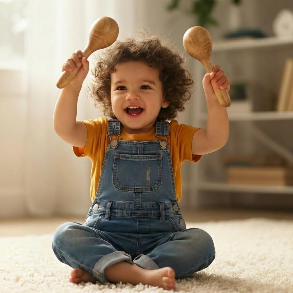 Wooden Toddler Musical Instruments with Drum, Hand Bells, Flute, Maracas, Cas...