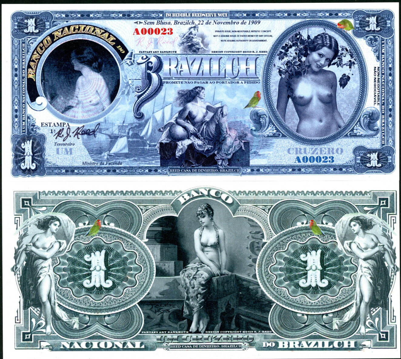 BRAZILCH 1 CRUZERO PRIVATE ISSUE FANTASY ART NOTE BEAUTIFUL, LOVELY LADIES!