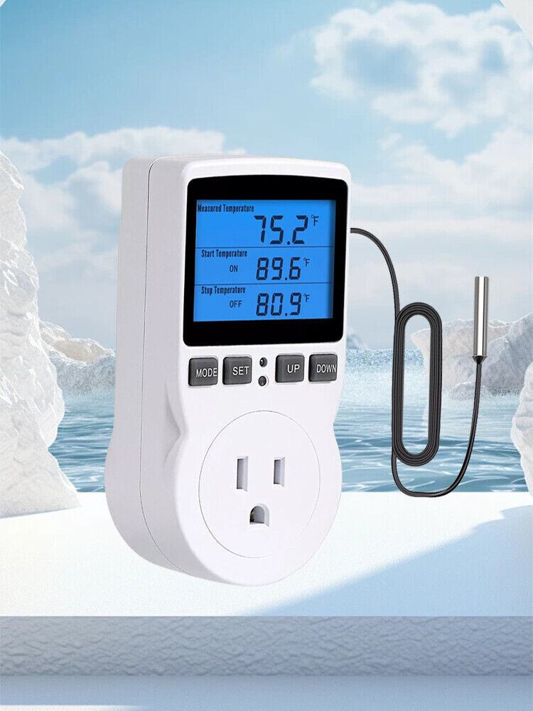 Digital Thermostat Outlet Plug Temperature Controller Heating Cooling w/ ProbeOq