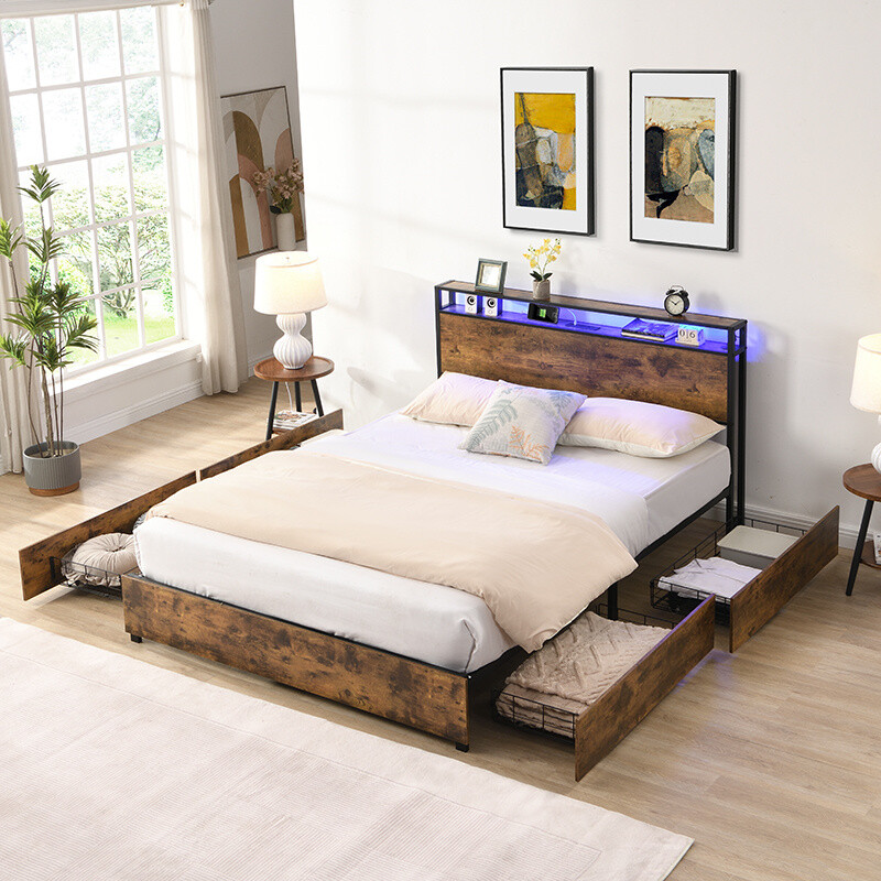 Queen Size Platform Bed Frame w/LED Headboard,Charging Station & 4 Large Drawers