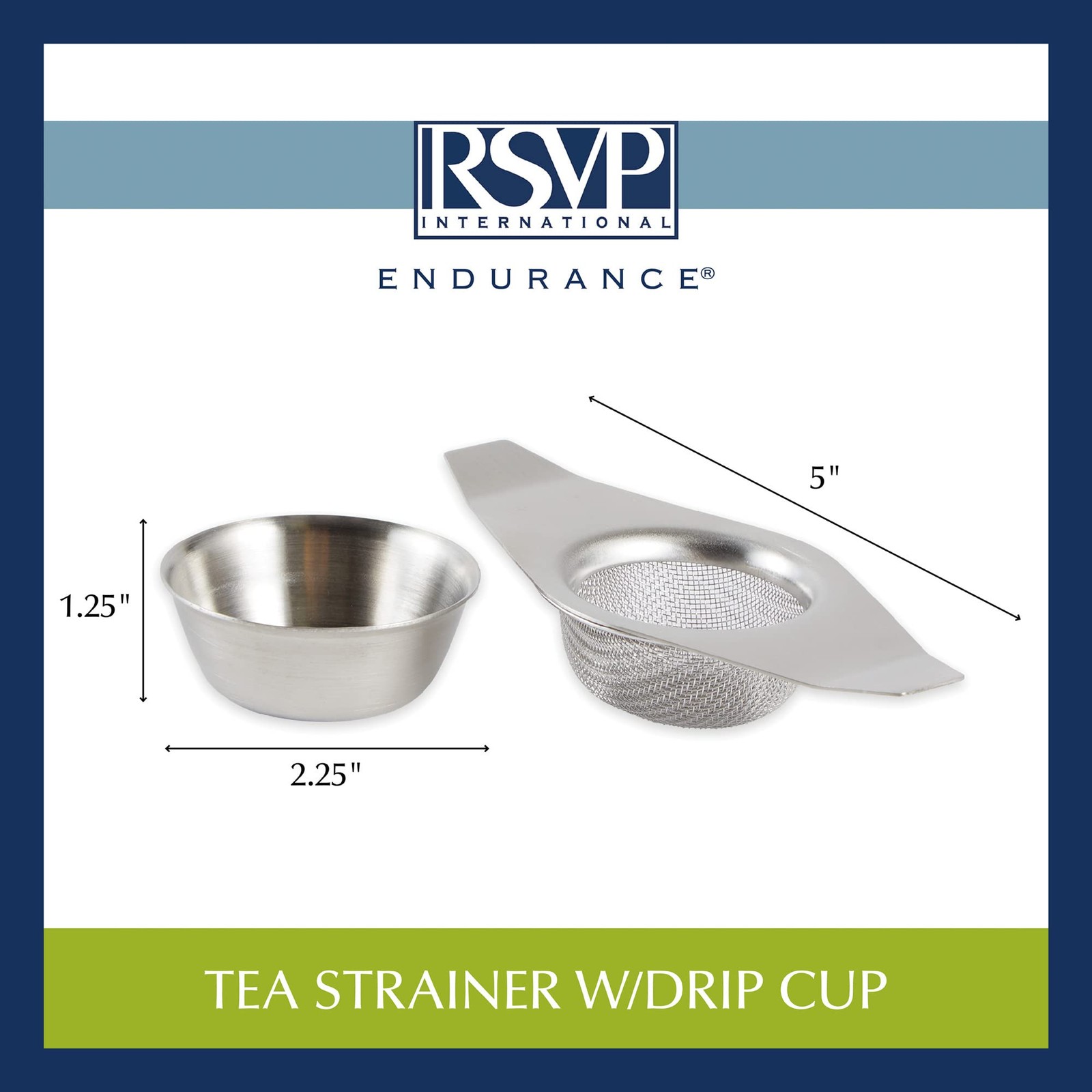 RSVP International Tea Strainer Collection Strainer w/ Drip Cup Metal Mesh 5"