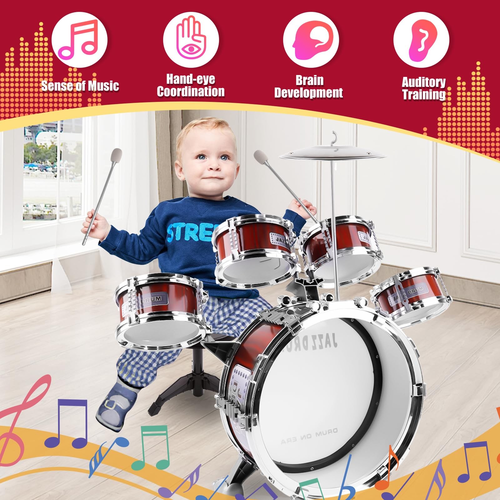 Kids Drum Set for Toddlers 1-3 3-5 - Musical Instruments Toys Drum Kit 9 Pcs ...