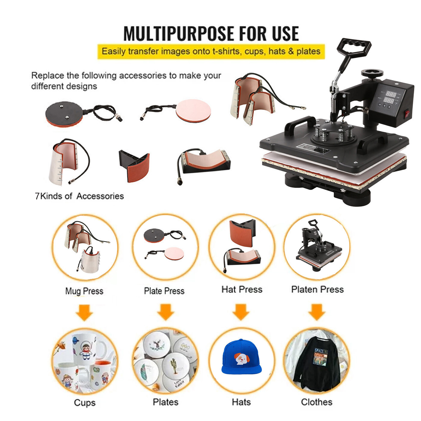 8 IN 1 Heat Press Machine 15"x15" Sublimation Transfer T-Shirt Mug Plate Hat