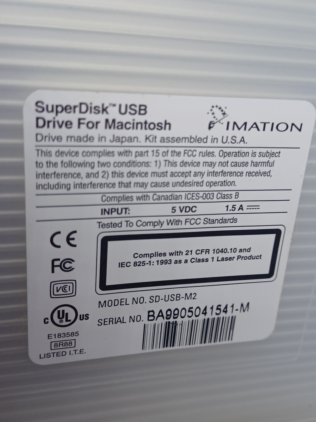 Imation Super Disk USB Drive for Macintosh Model SD-USB-M2 - UNTESTED