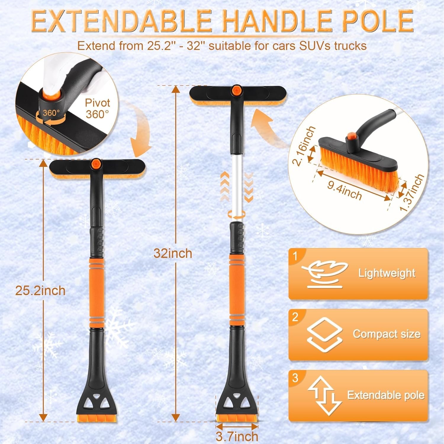 32" Extendable Ice Scraper & Snow Brush - 360° Rotating for Ultimate Convenience