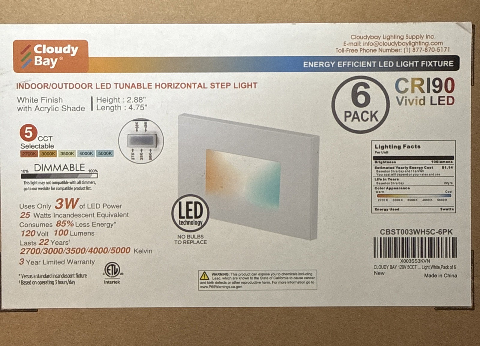 Cloudy Bay Indoor/outdoor horizontal step light 5 CCT LED  tunable white 6 pack