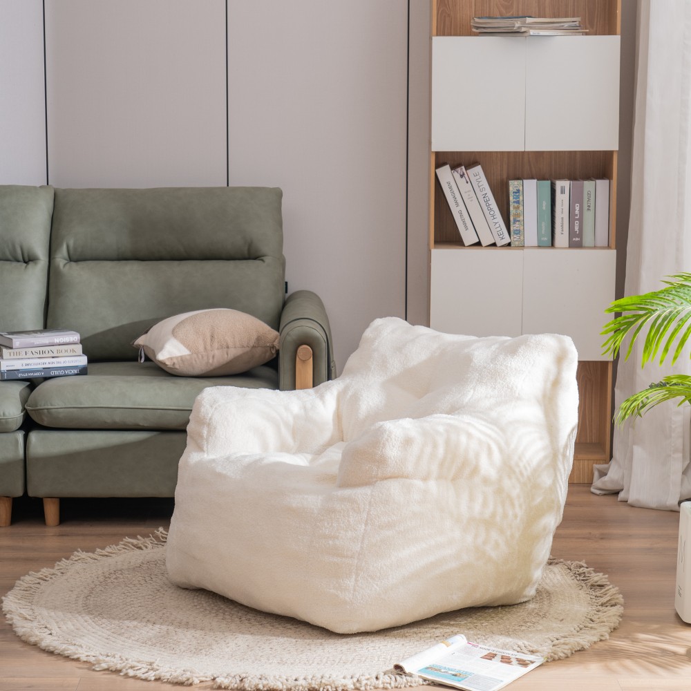 Plush Teddy Fabric Bean Bag Chair Tufted Foam Filled Comfortable Chair