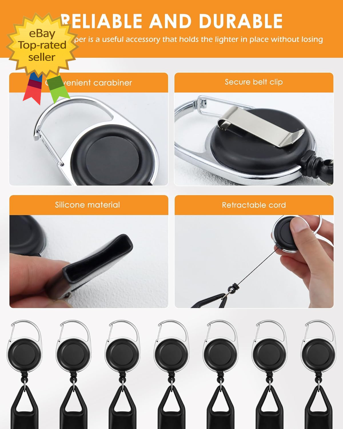 10PCS Retractable Lighter Clip Holder Keychain Lighter Leash Black