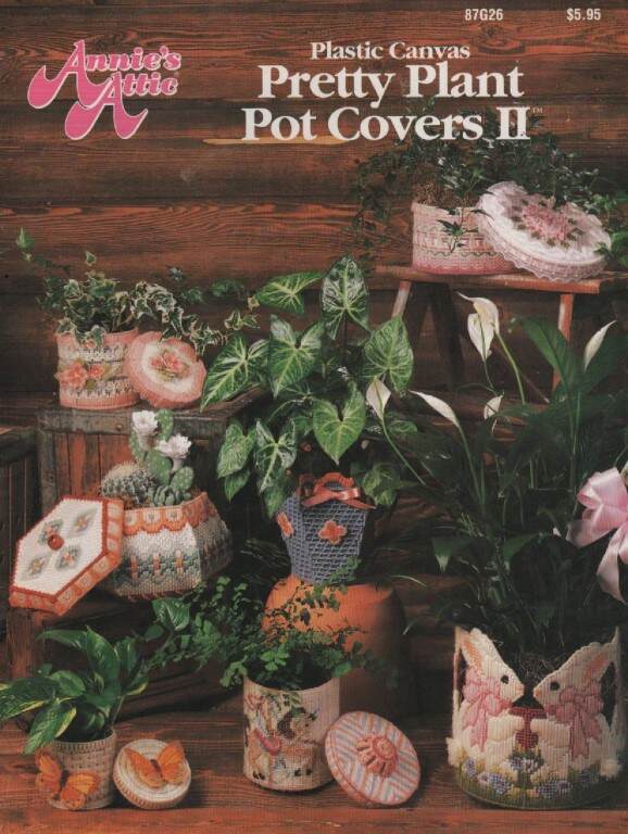 OOP!!! PLASTIC CANVAS PRETTY PLANT POT COVER II ( 7 CUTE DESIGNS)