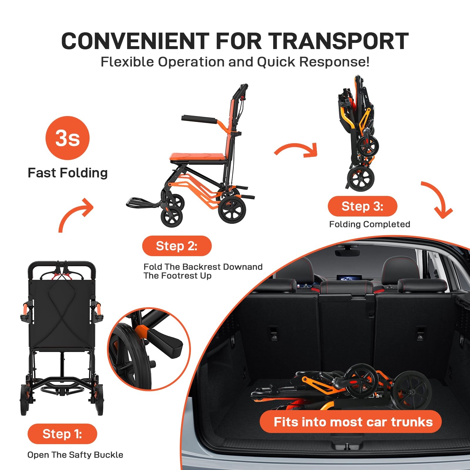 Lightweight Transport Wheelchair for Adults,Foldable Wheelchair 220 lbs Capacity