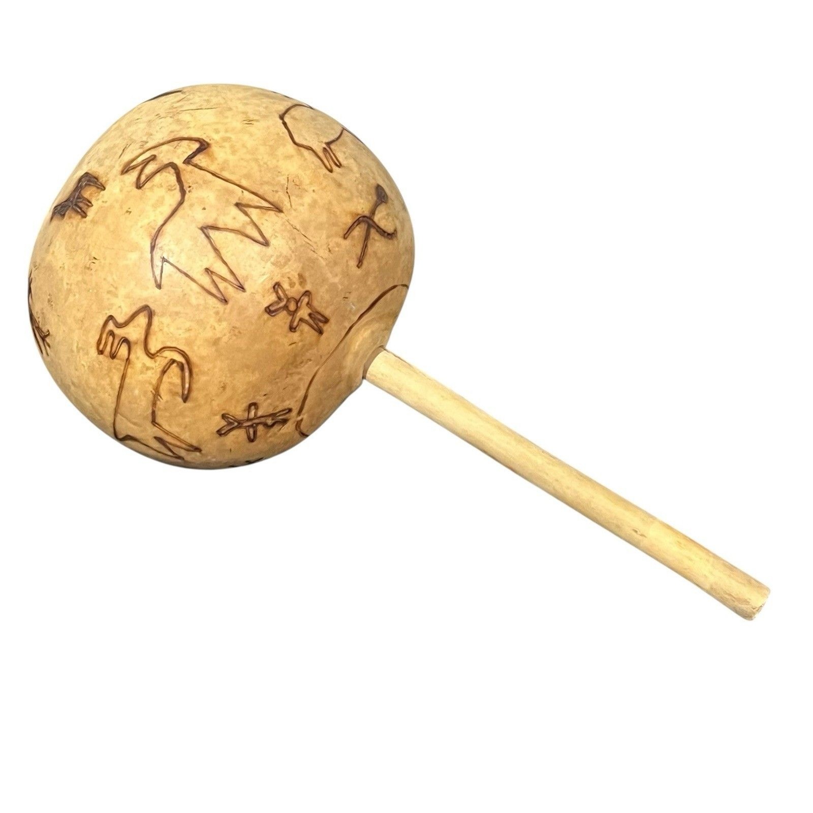 Handcrafted Gourd Rattle Maraca Animal & Figure Motif 10” Folk Art Instrument