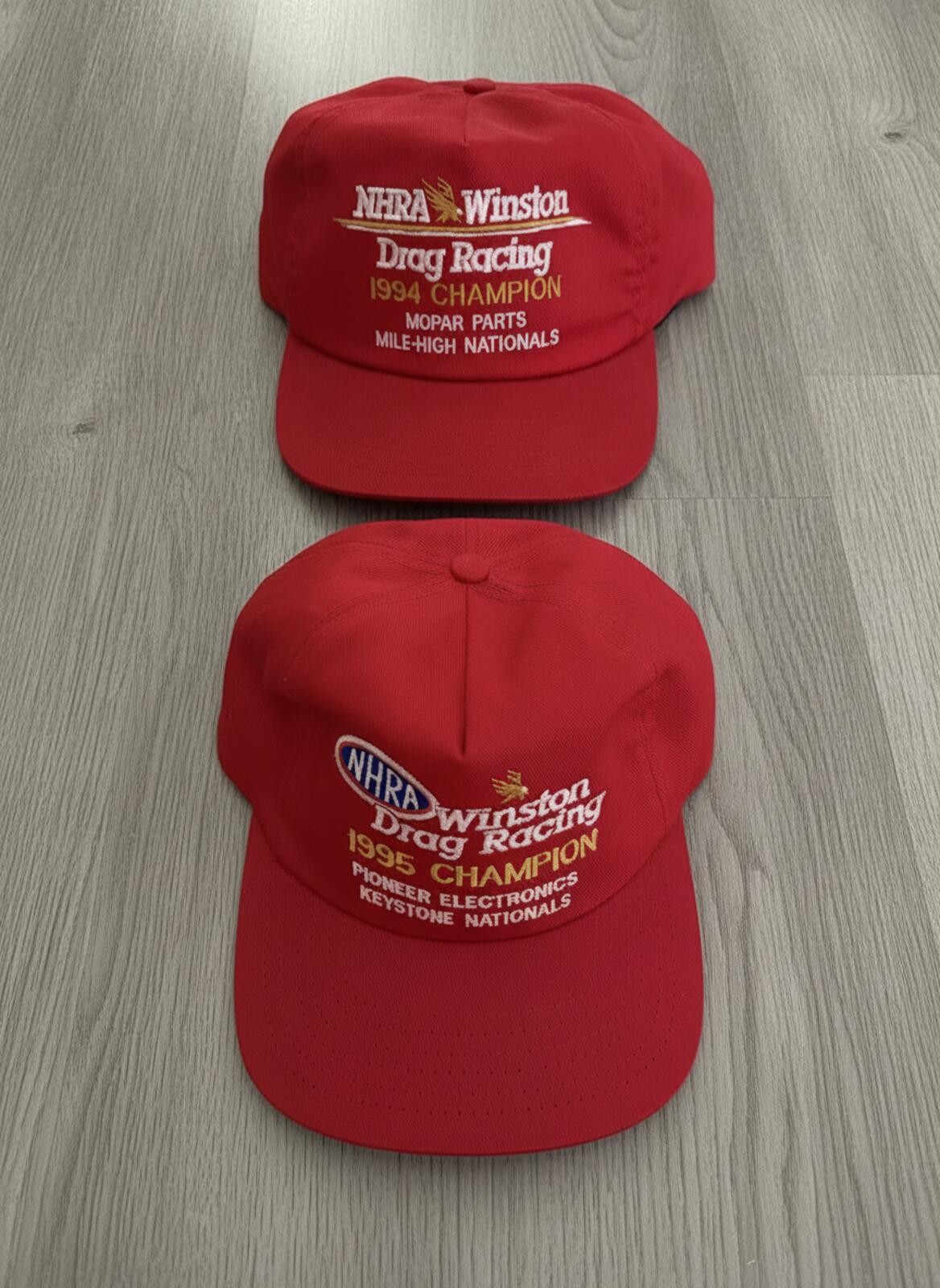 Vintage NHRA Winston Drag Racing Hats lot (2) 1994 & 1995 Champion Snapbacks Red