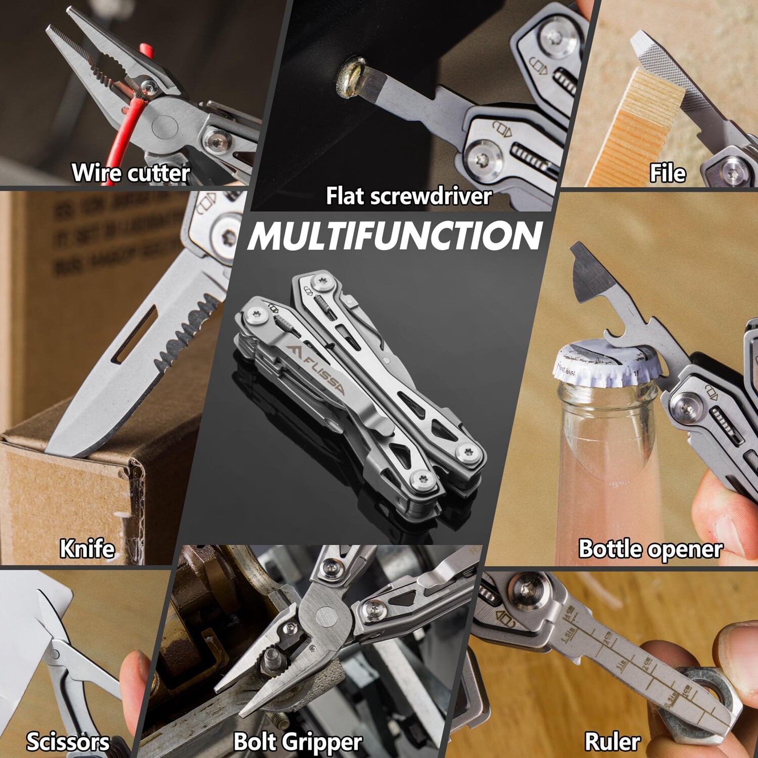 FLISSA 16-in-1 Multi Tool Plier Knife Folding Compact EDC Multitool Pocket Knife