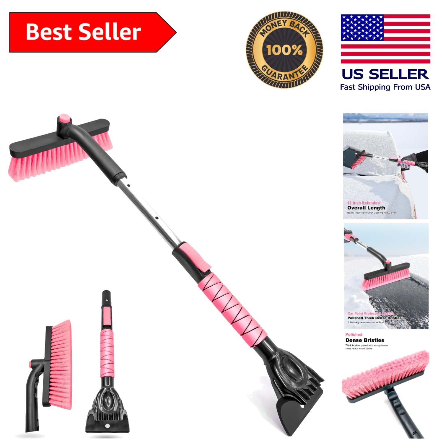 Lightweight 33 Inch Snow Brush with 360° Swivel Head & Tough Ice Scraper – Pink