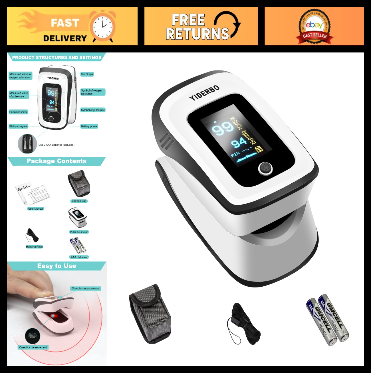 Fingertip Pulse Oximeter with OLED Screen, 2 AAA Batteries & Lanyard - SpO2 Moni