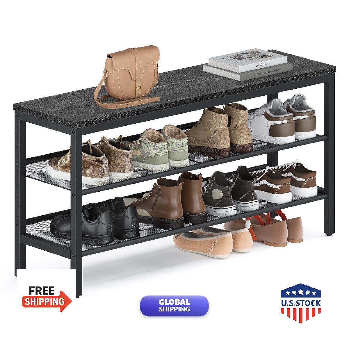 Vasagle 3 Tier Shoe Rack Bench One Piece Shelves Shoe Storage Organizer Raised