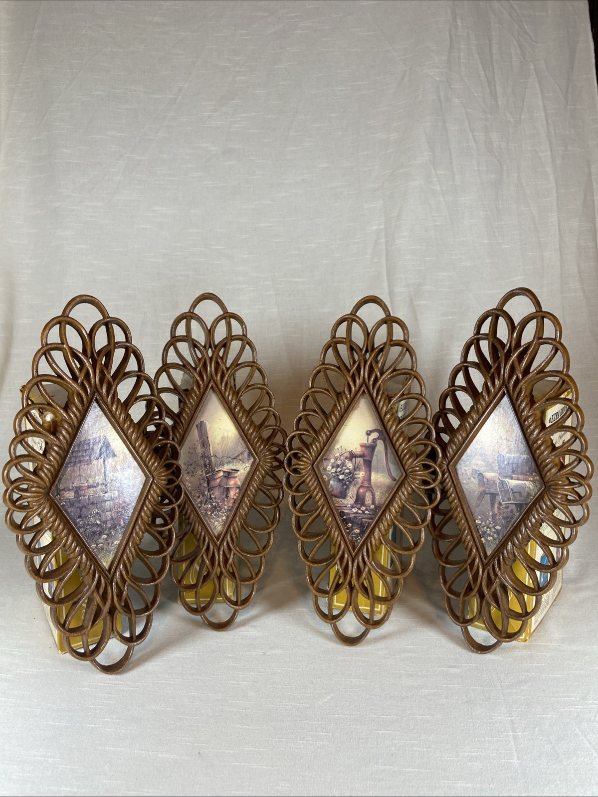 Vintage Rattan Wall Decor Set Diamond Frames Farmhouse Boho Wicker Wall Hanging