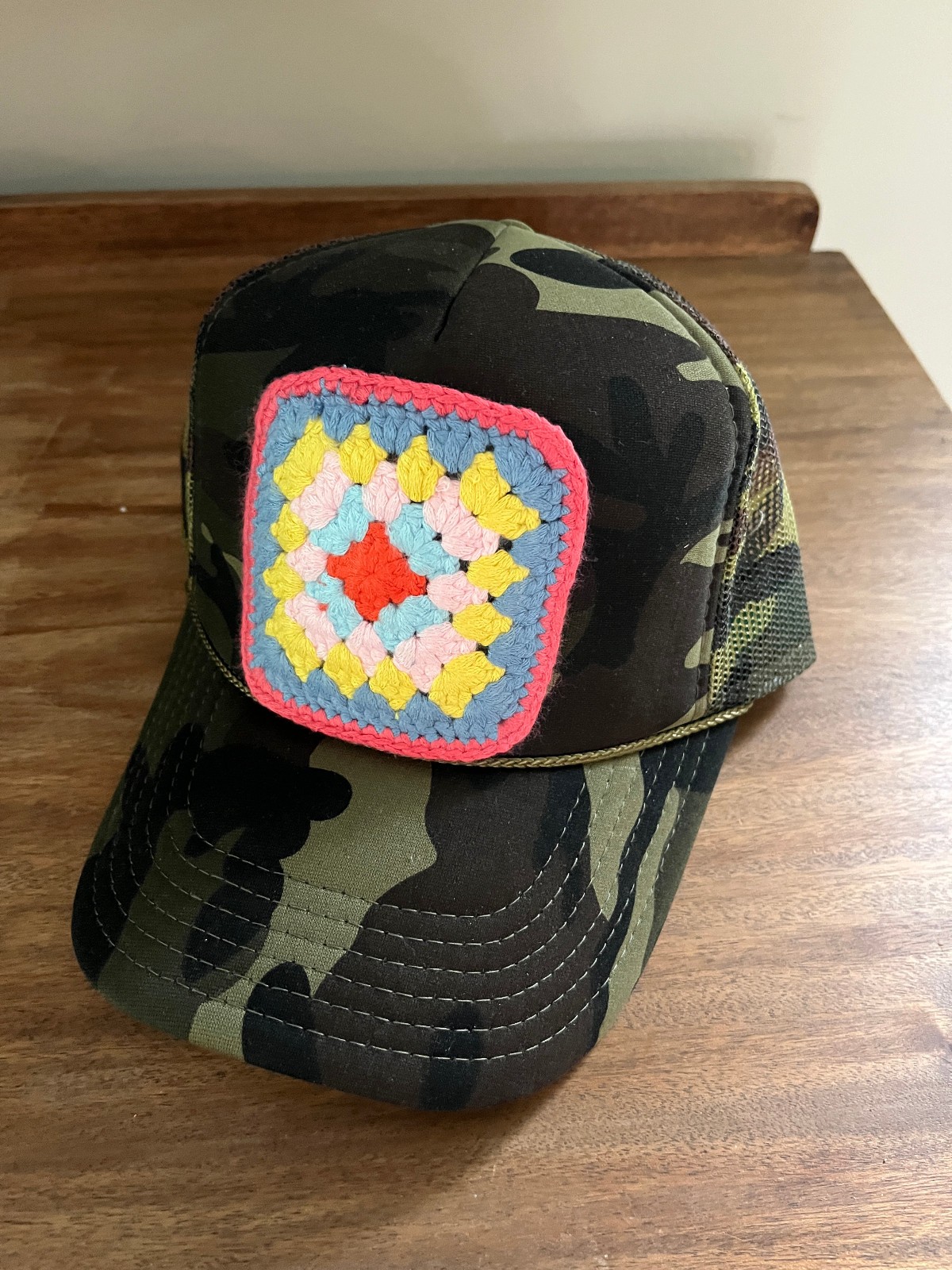Camouflage Crochet Granny Square  Adjustable Snapback Hat One Of A Kind-NEW