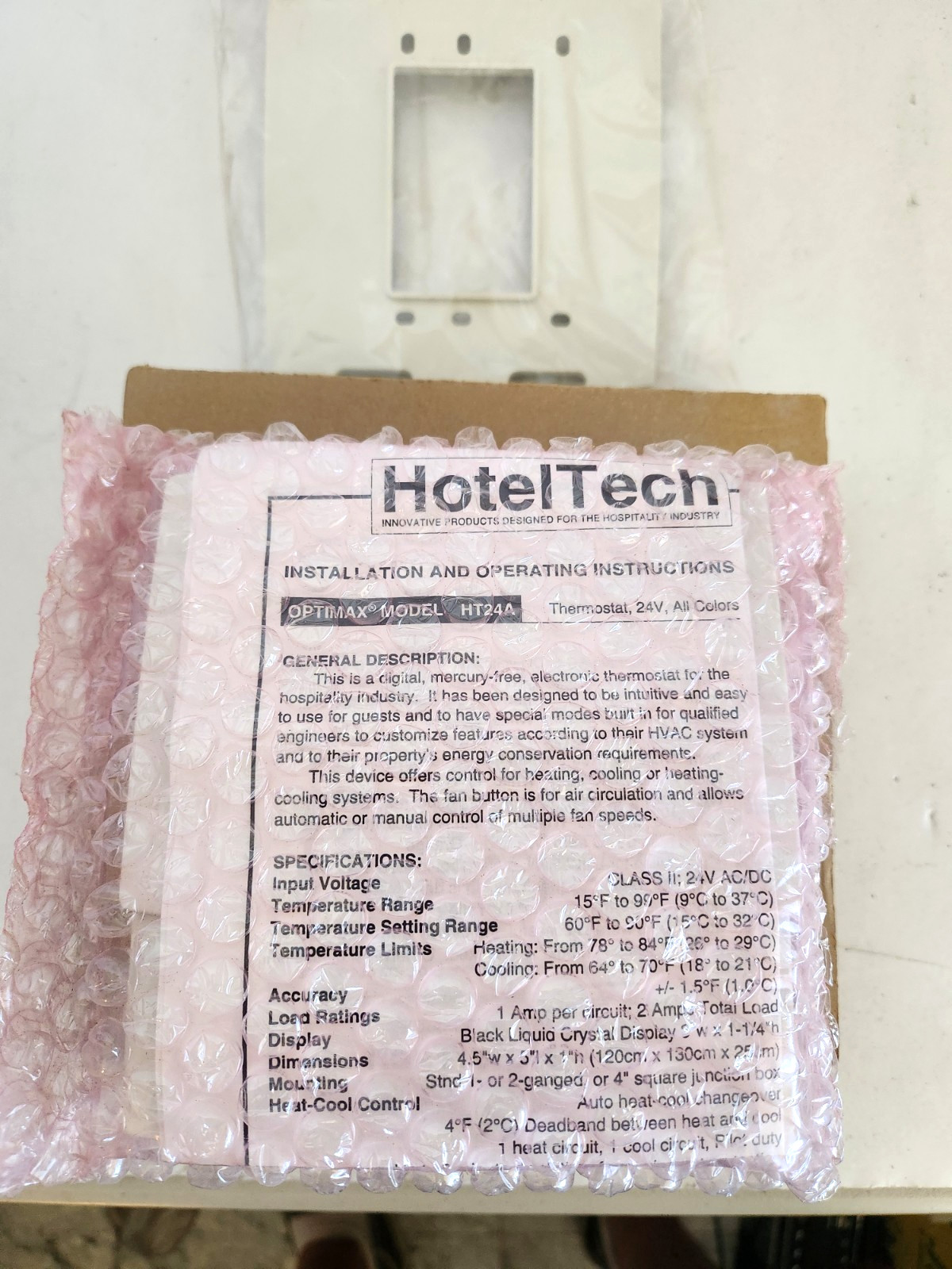 HotelTech Optimax HT24A Digital Thermostat 24VAC White Hospitality Hotel HVAC