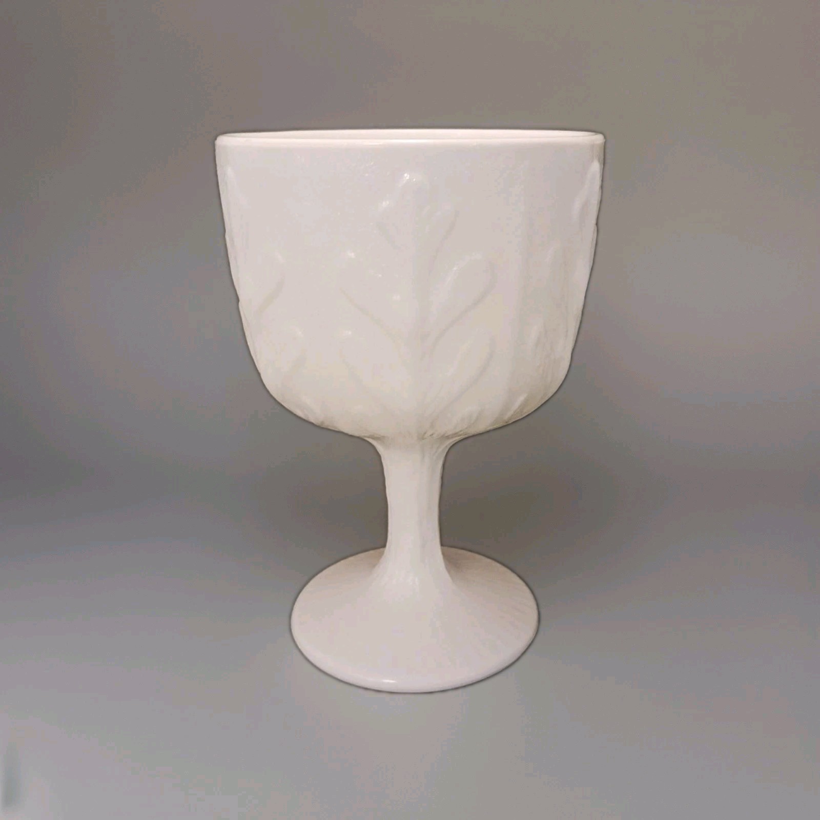 Vintage 1975 White Pedestal Goblet Oak Leaf Pattern White Milk Glass 6.5"H