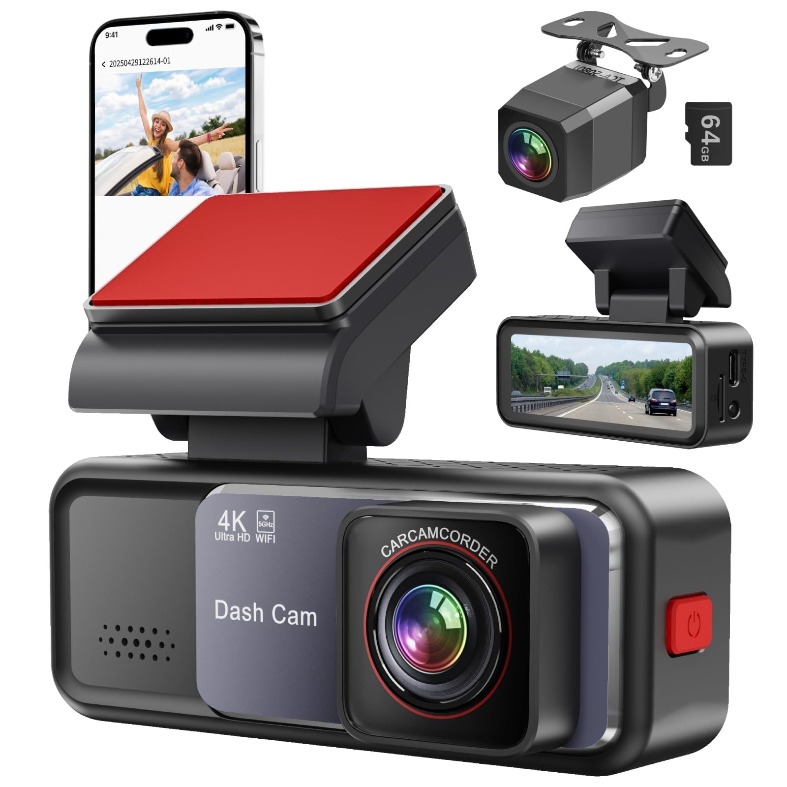 4K+2K Dash Cam Front and Rear, Free 64GB Card Included, 5.8GHz WiFi Dash Came...