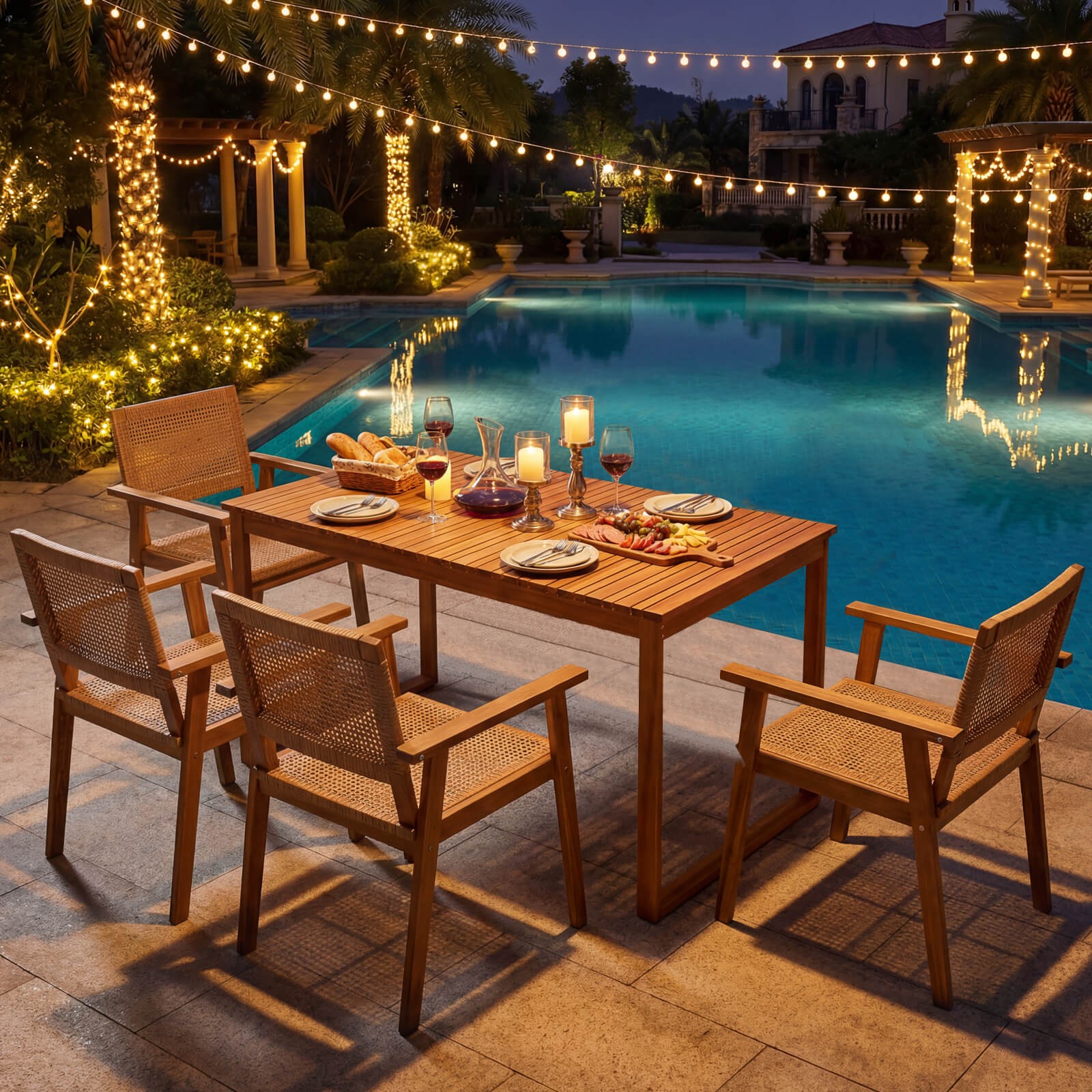 5PCS Acacia Wood Dining Set, Outdoor Table & Rattan Chairs for Balcony, Poolside
