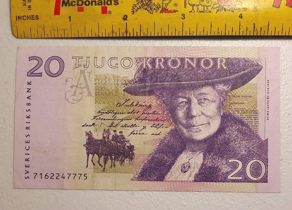 1997 Sweden 20 Kronor Banknote; Man Flying On Goose on Reverse