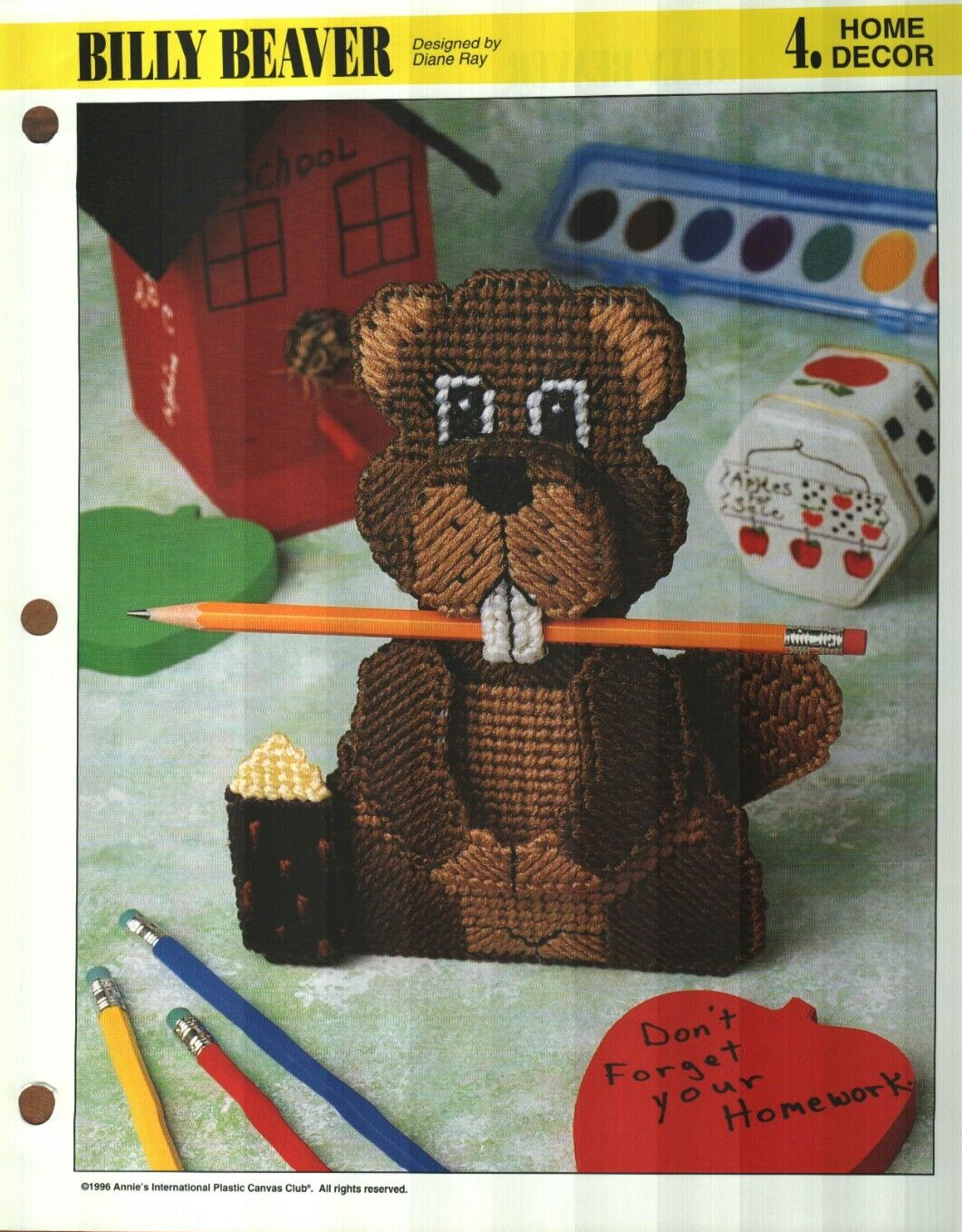 NEW BILLY BEAVER PENCIL PEN HOLDER ANNIE'S PLASTIC CANVAS PATTERN INSTRUCTIONS