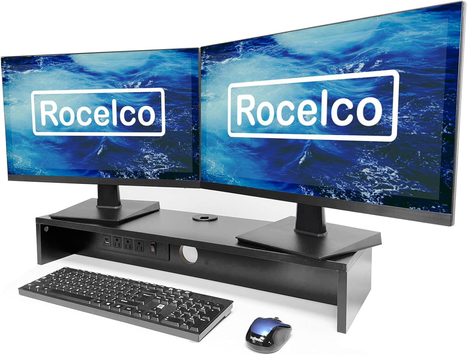 30" Dual Monitor Stand with AC Outlets and USB Power/Charging Strip - Wood Lapto