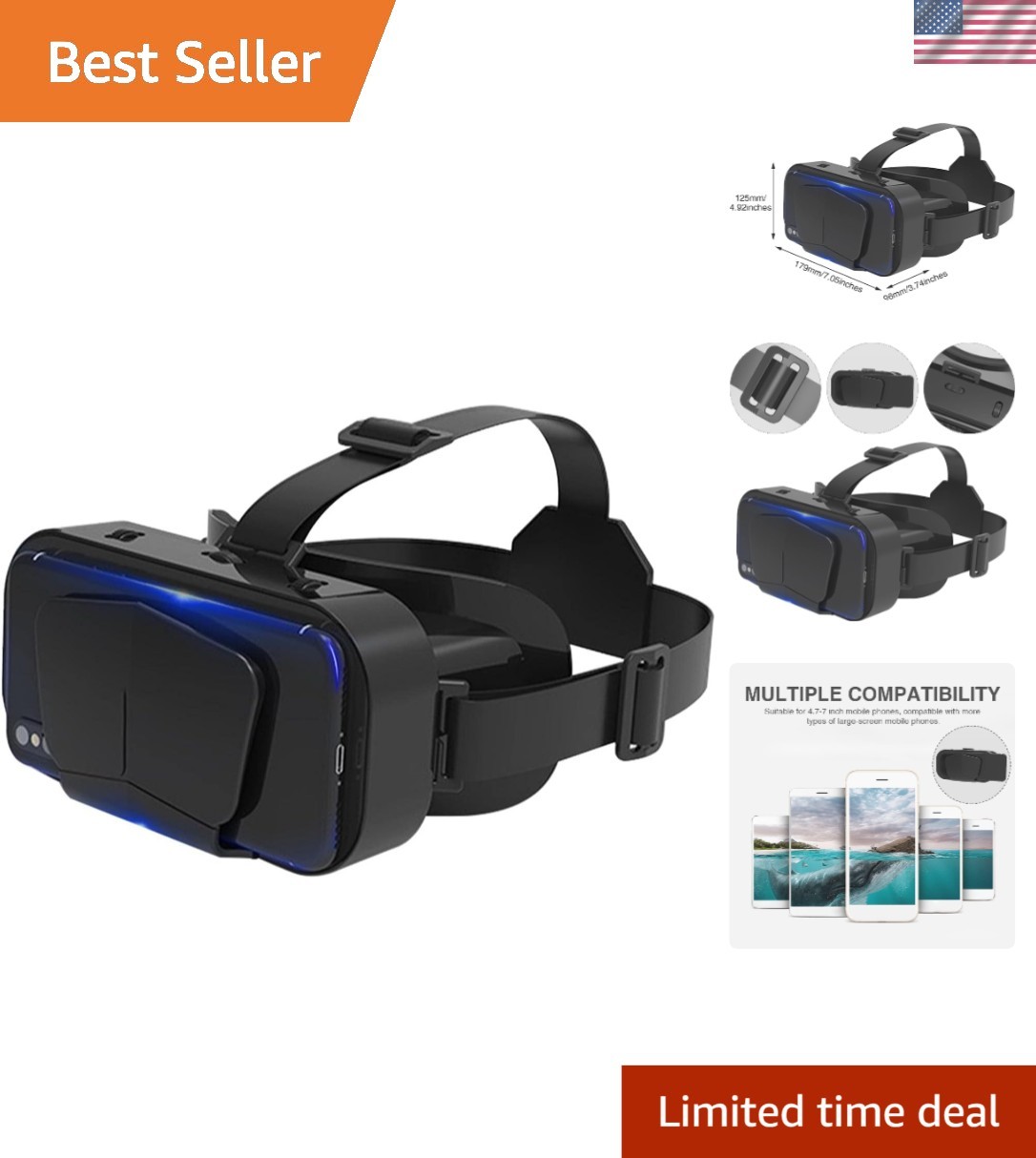 Xiaokeis Virtual Reality VR Headset 3D Glasses, Support Black
