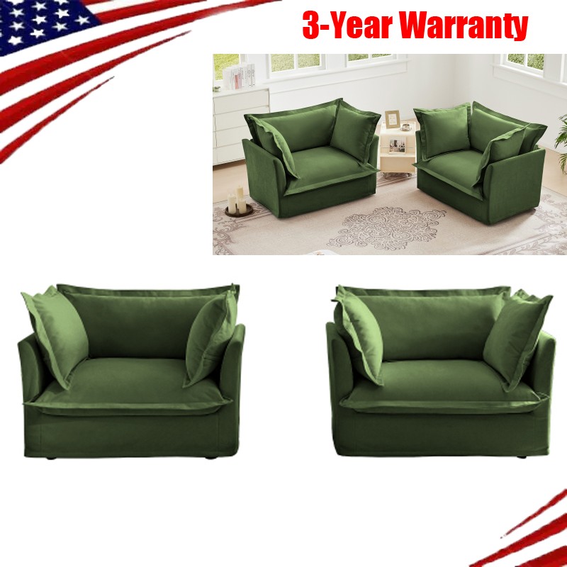 Set of 2 Slipcovered Armchairs Sets with Large Soft Pillow Chenille Fabric Green