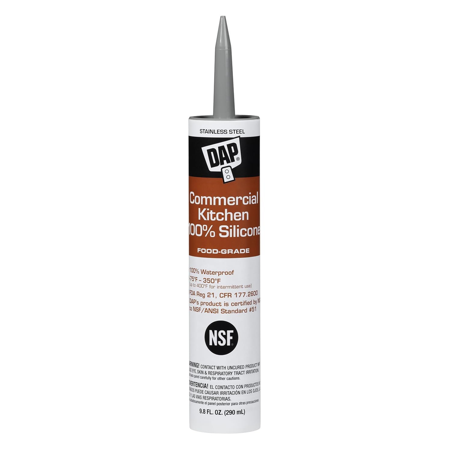 DAP Commercial Kitchen 100% Silicone Sealant, 9.8 Oz, Stainless Steel