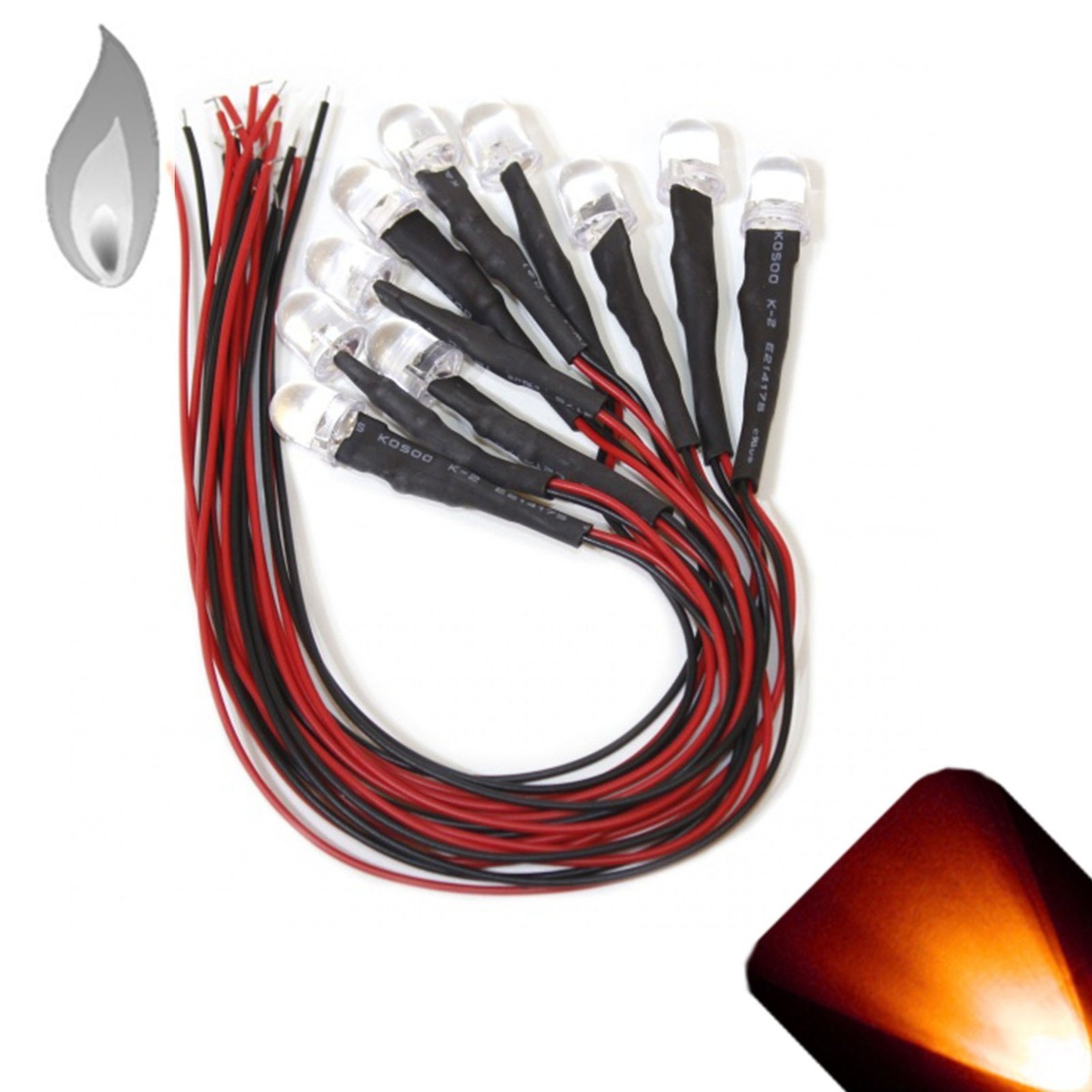 50 x 12v 10mm Pre Wired Flickering Orange LED Candle Flicker Prewired