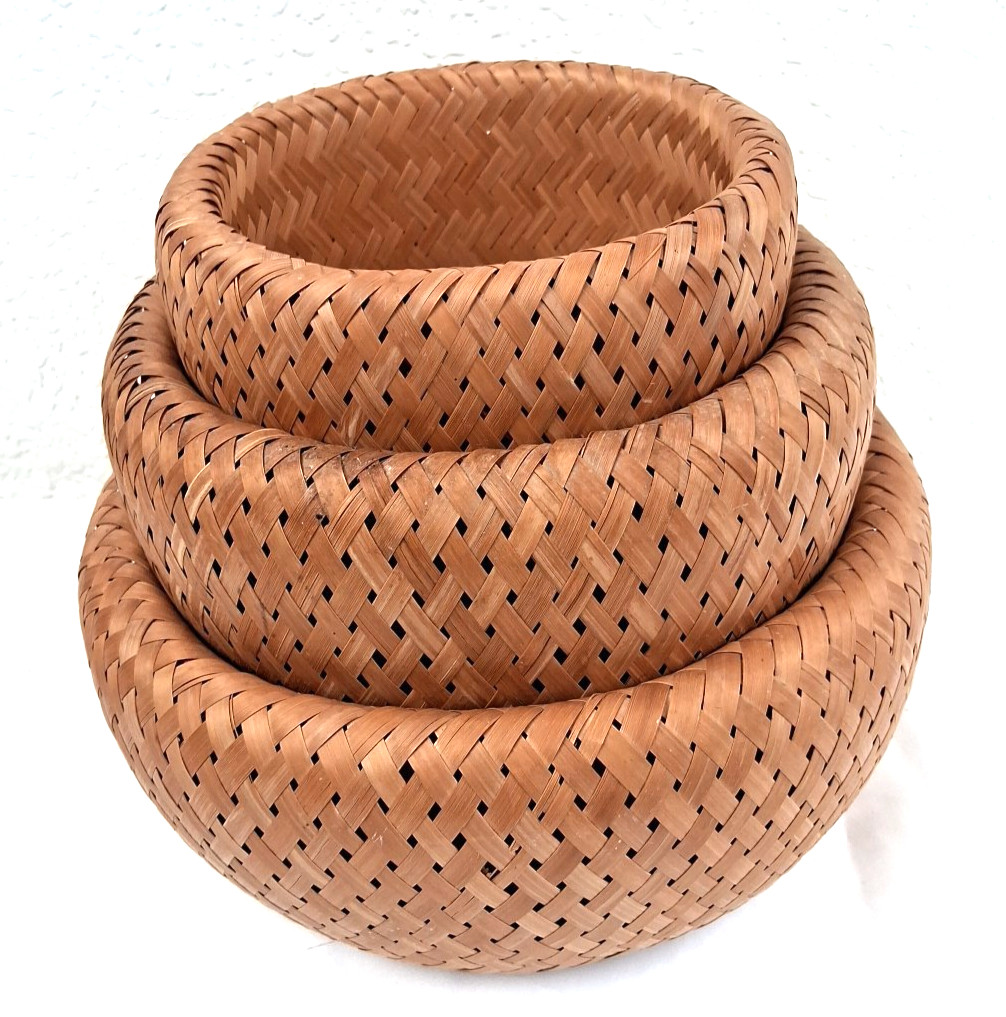 Set of 3 Crate and Barrel Nesting BAMBU Bamboo Bowl Basket All Natural