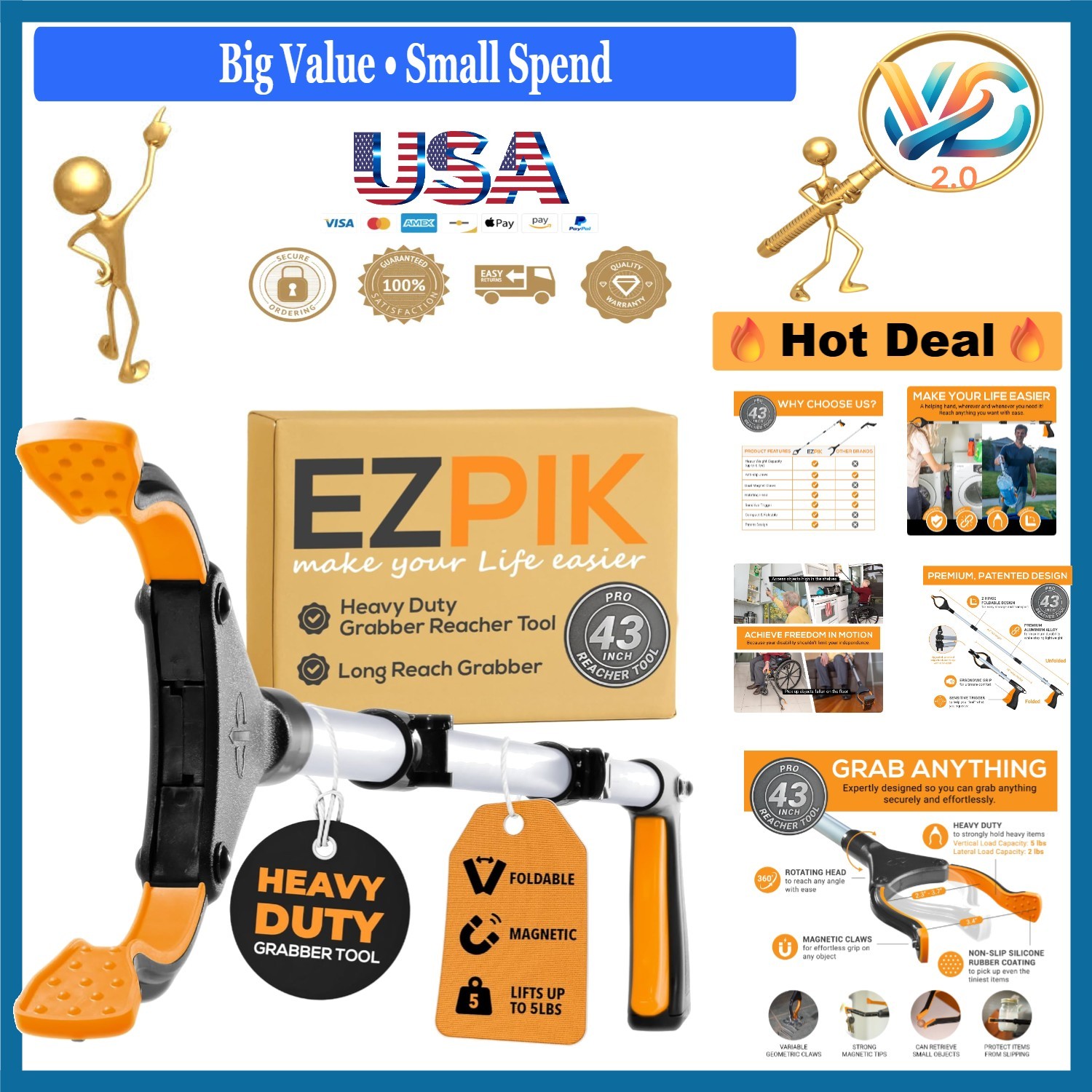 Pro 43-Inch Foldable Grabber Reacher Tool for Seniors Heavy Duty Pickup