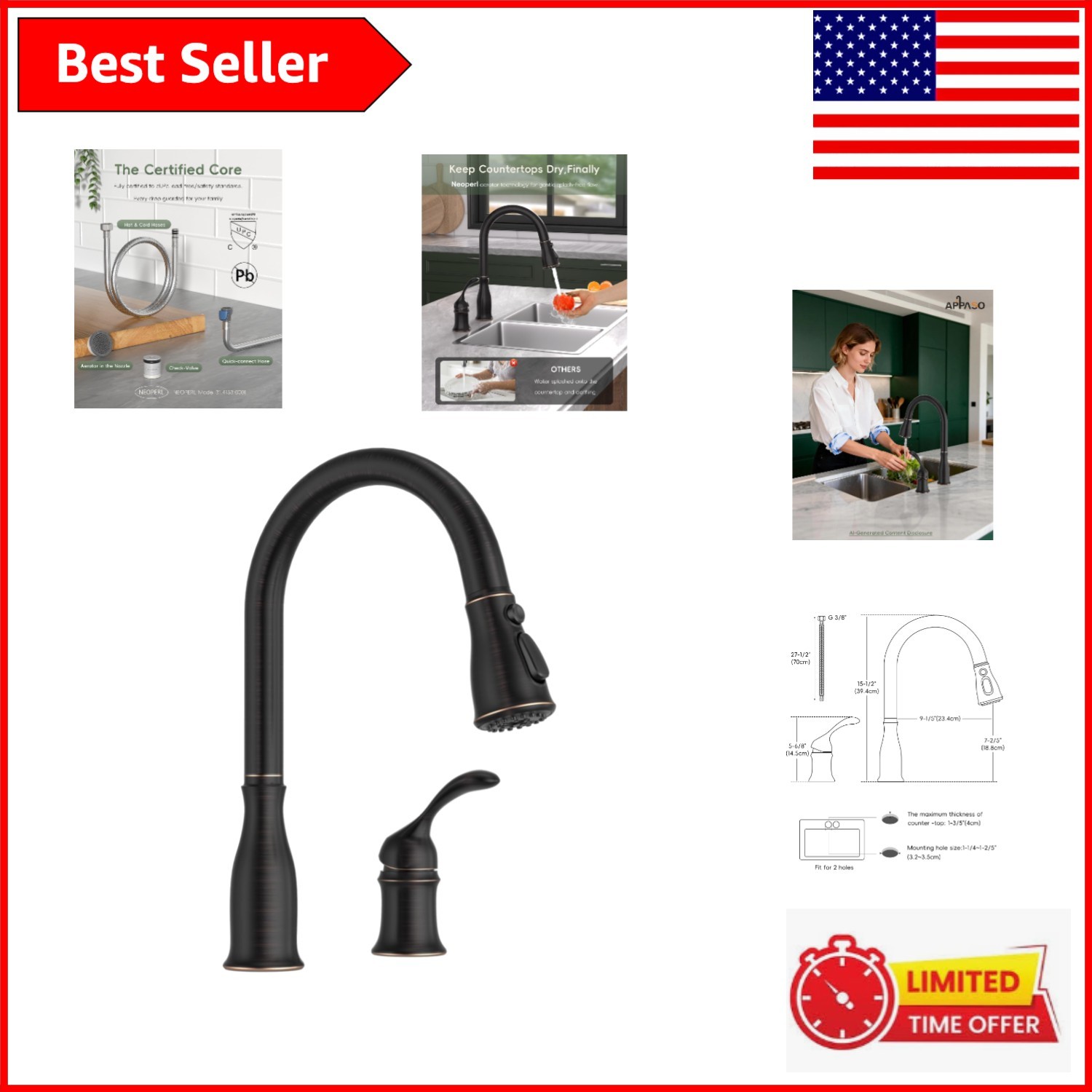 Versatile Oil Rubbed Bronze Faucet for Kitchens - 6.8 GPM, Stylish & Functional