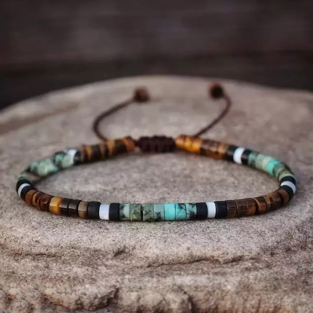 African Turquoise & Tiger Eye Beads Gemstone Healing Dainty Women Men Bracelet